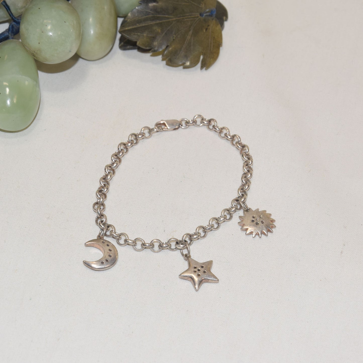 Sun, Moon and Star Sterling Silver and Cubic Zirconia Link Bracelet 7" Length