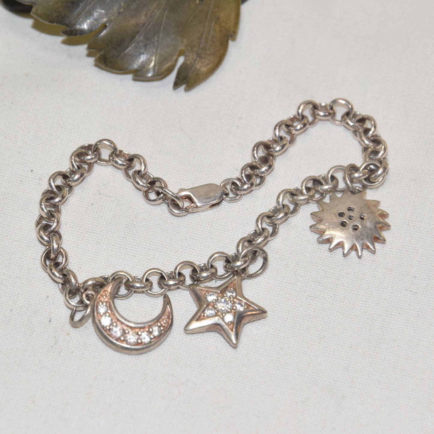 Sun, Moon and Star Sterling Silver and Cubic Zirconia Link Bracelet 7" Length