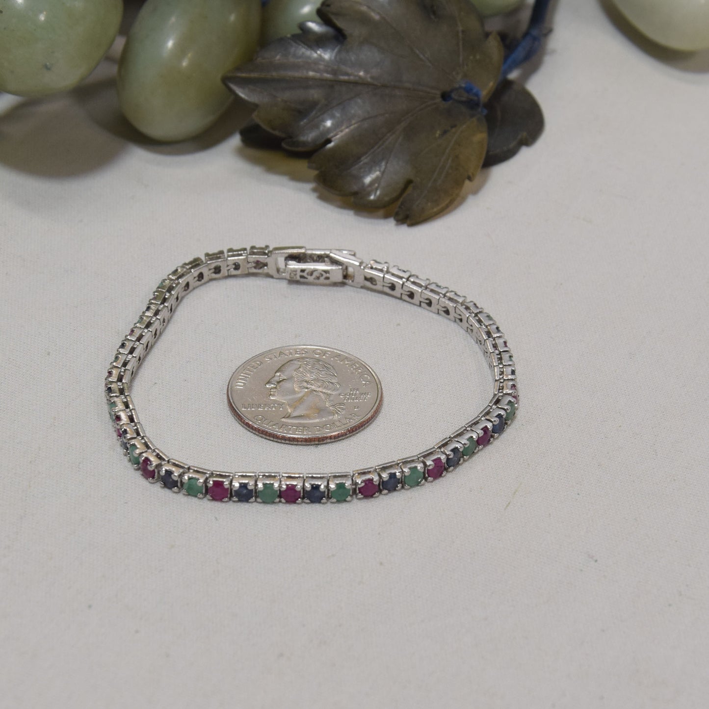 Sterling Silver, Emerald, Ruby and Sapphire Tennis Bracelet
