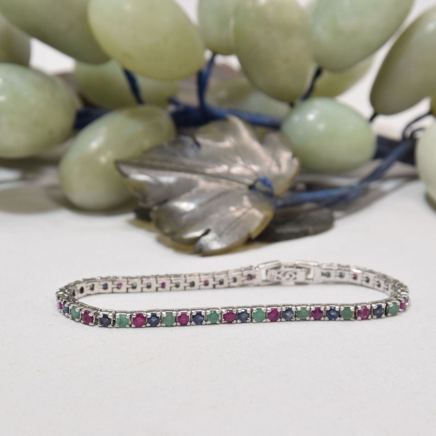 Sterling Silver, Emerald, Ruby and Sapphire Tennis Bracelet