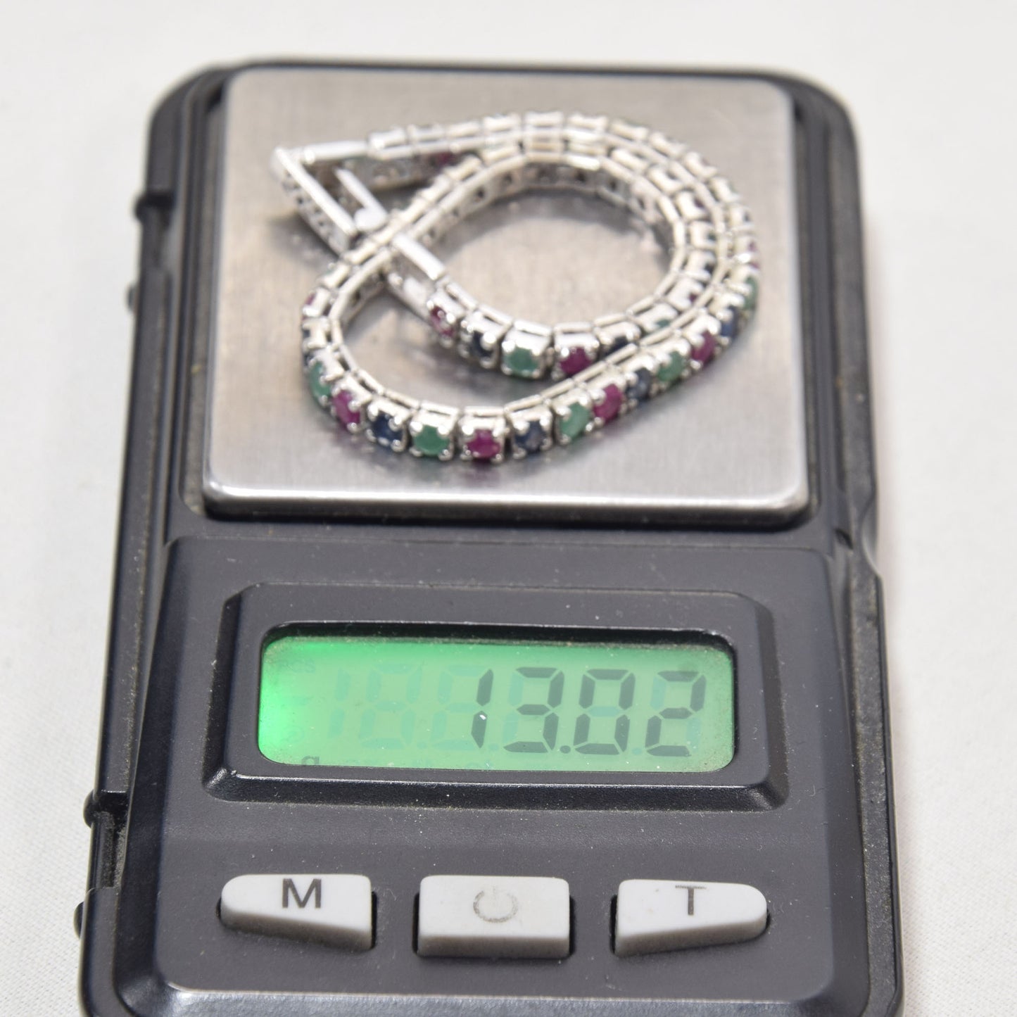 Sterling Silver, Emerald, Ruby and Sapphire Tennis Bracelet