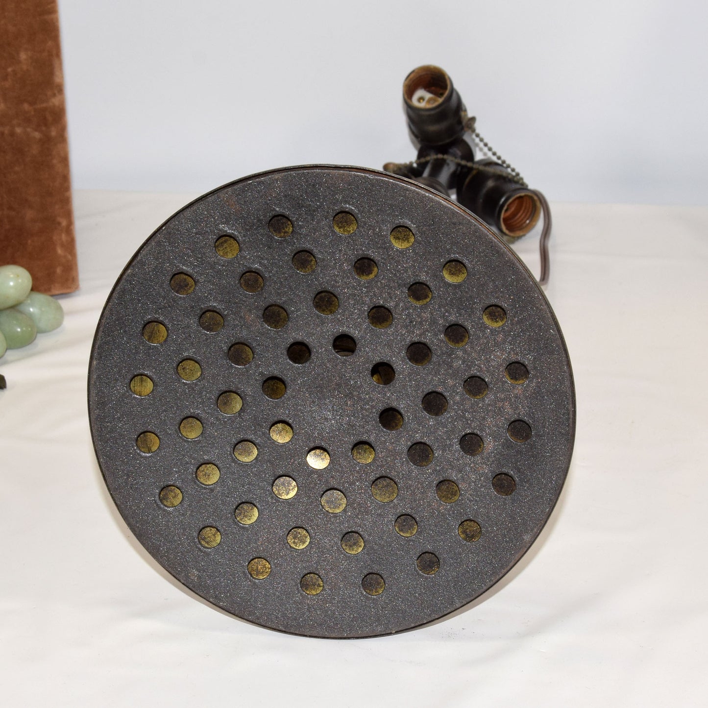 Bronze Lamp with Stained Leaded Glass Parasol Shade