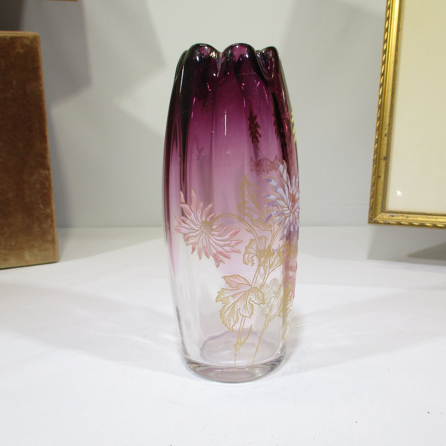 Art Nouveau Enameled Glass Vase by Legras Tokyo Chrysanthemum Pattern