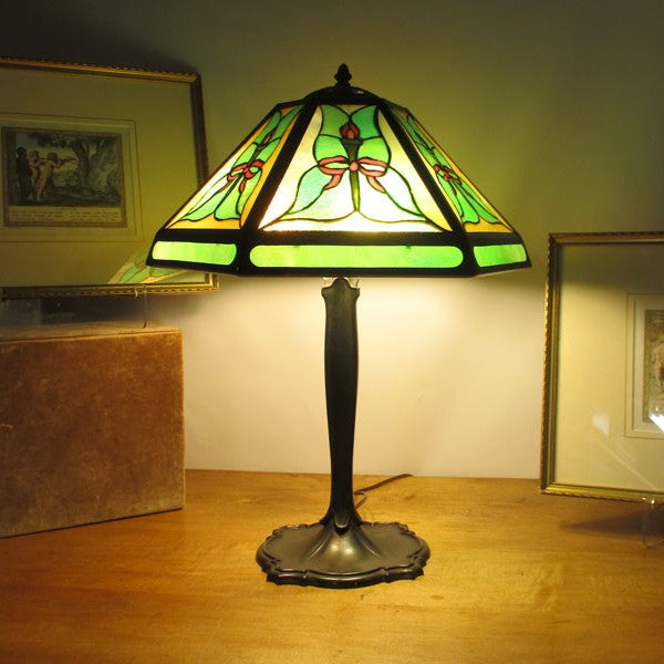 Bradley & Hubbard Lamp Base with Stained Slag Glass Shade