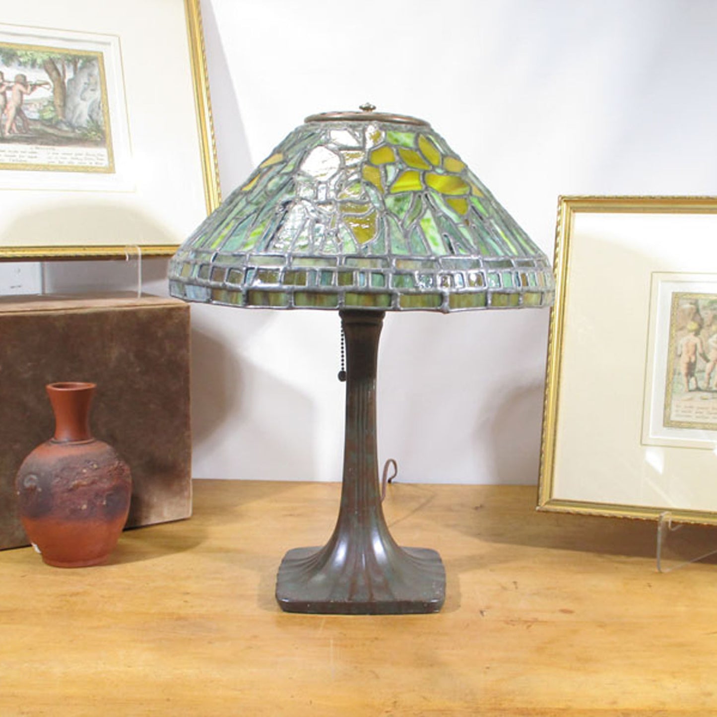 Handel Lamp with Tiffany Peony Pattern Stained Slag Glass Vintage Shade