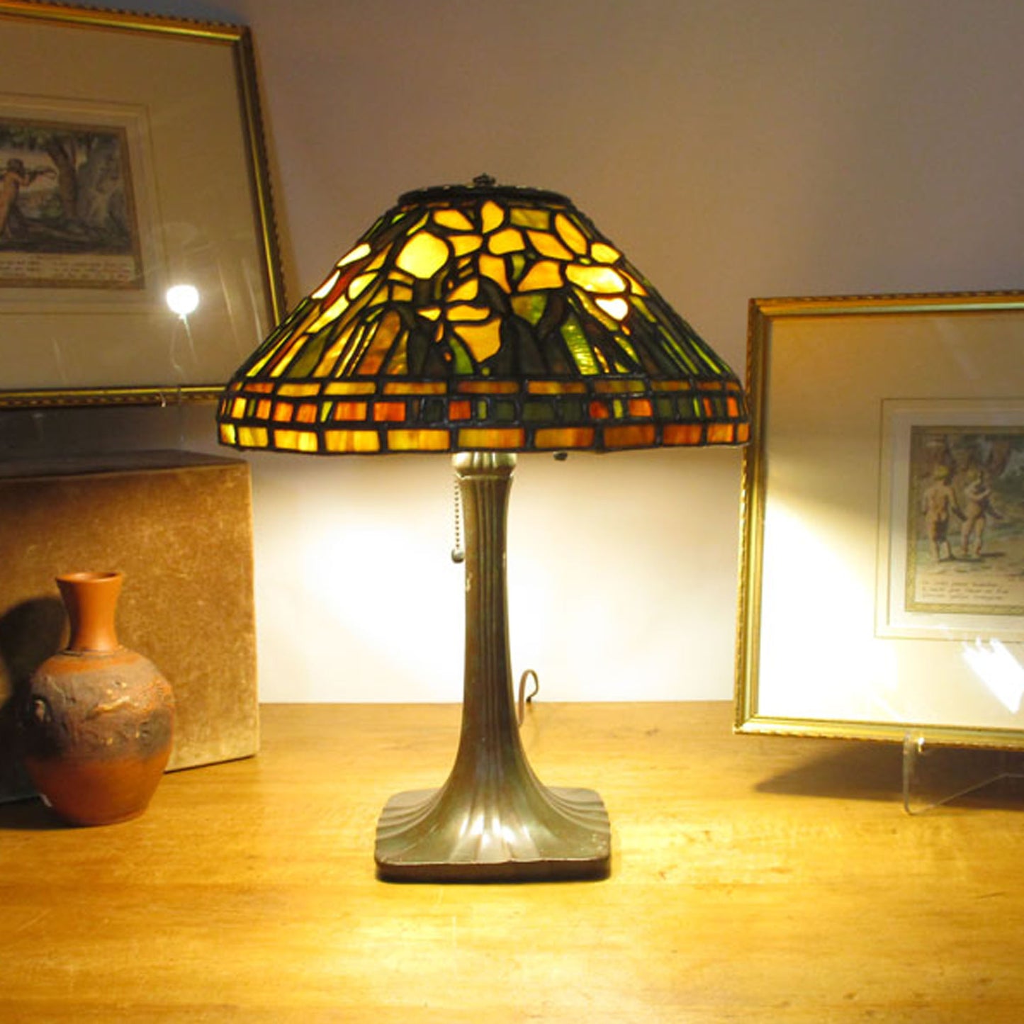Handel Lamp with Tiffany Peony Pattern Stained Slag Glass Vintage Shade