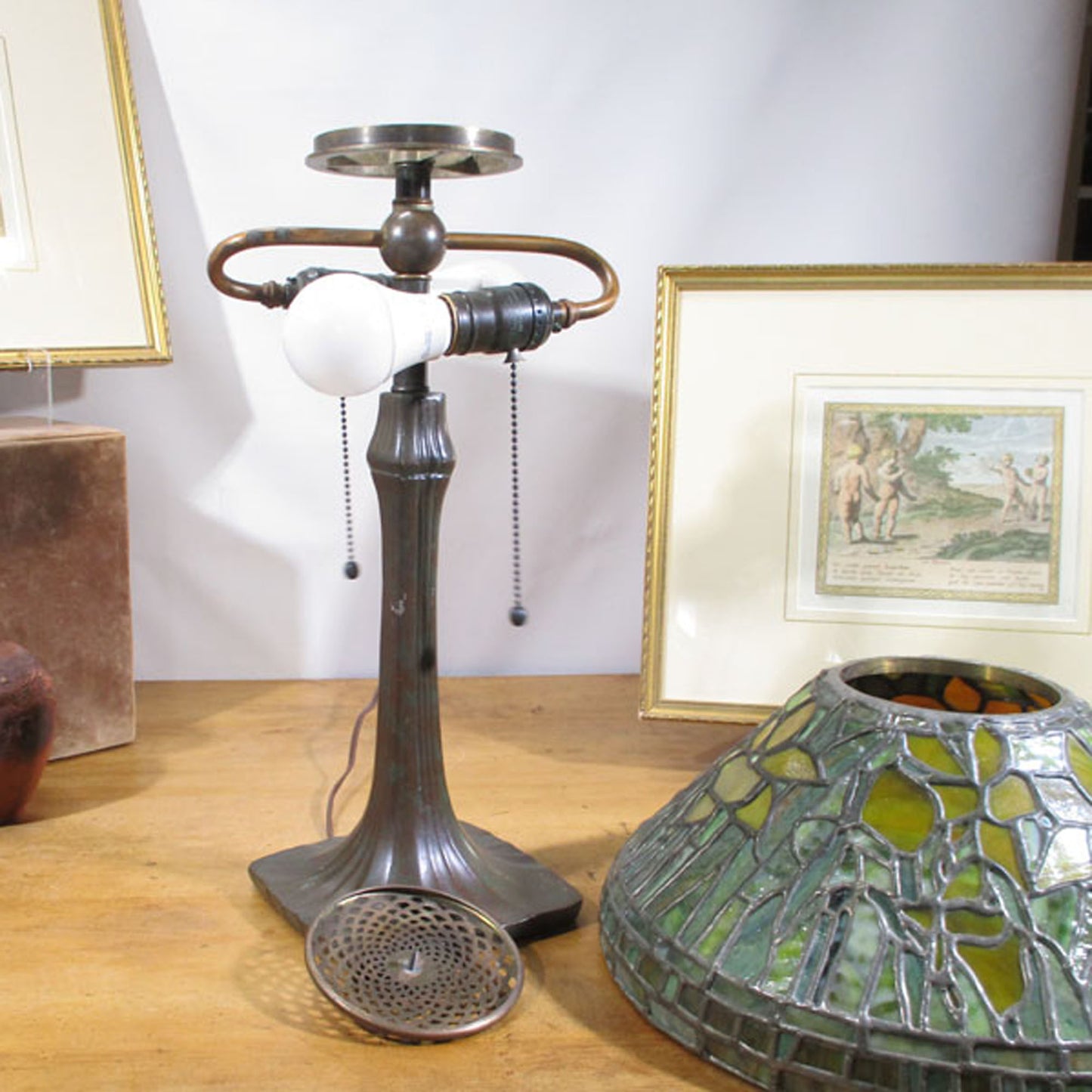 Handel Lamp with Tiffany Peony Pattern Stained Slag Glass Vintage Shade
