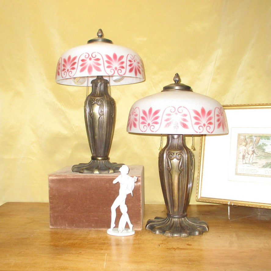 Matched Pair of Pittsburgh Lamps Cracked Ice Obverse Painted Shades Brass and Iron Bases
