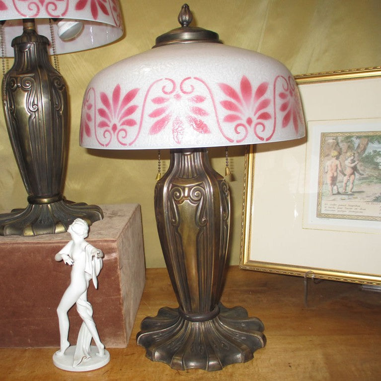 Matched Pair of Pittsburgh Lamps Cracked Ice Obverse Painted Shades Brass and Iron Bases