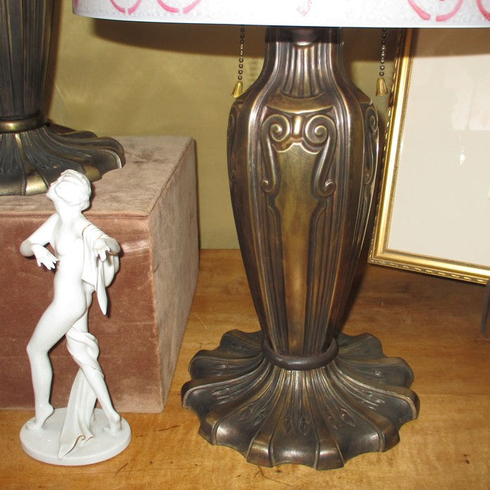 Matched Pair of Pittsburgh Lamps Cracked Ice Obverse Painted Shades Brass and Iron Bases