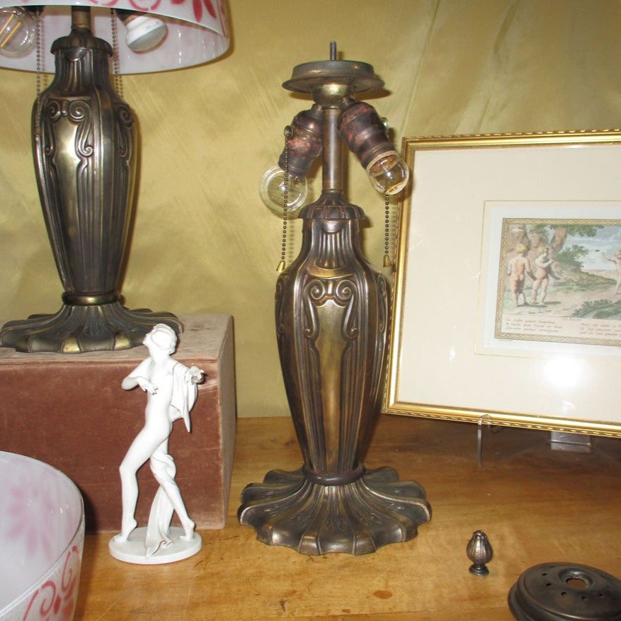 Matched Pair of Pittsburgh Lamps Cracked Ice Obverse Painted Shades Brass and Iron Bases
