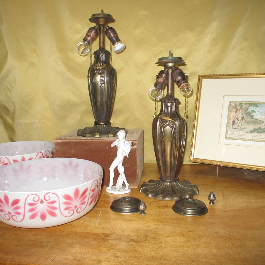 Matched Pair of Pittsburgh Lamps Cracked Ice Obverse Painted Shades Brass and Iron Bases
