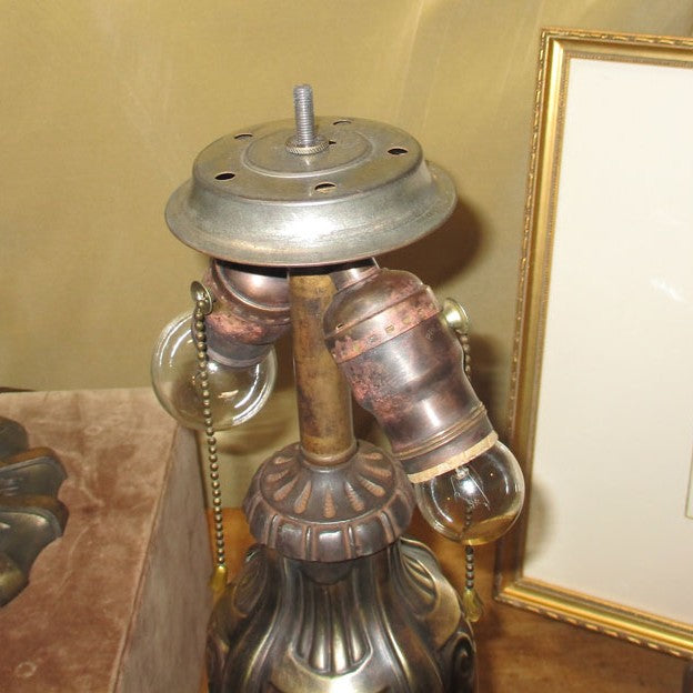 Matched Pair of Pittsburgh Lamps Cracked Ice Obverse Painted Shades Brass and Iron Bases