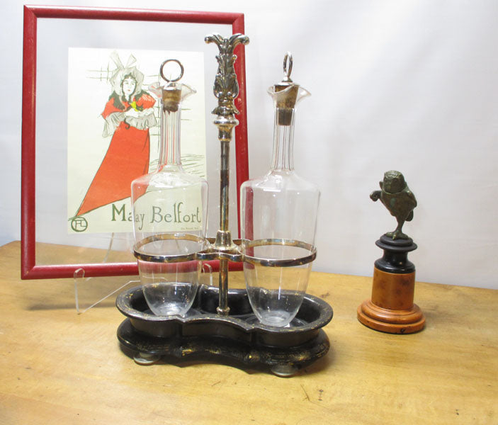 Victorian Tantalus Decanter Set Papier Mache Holder