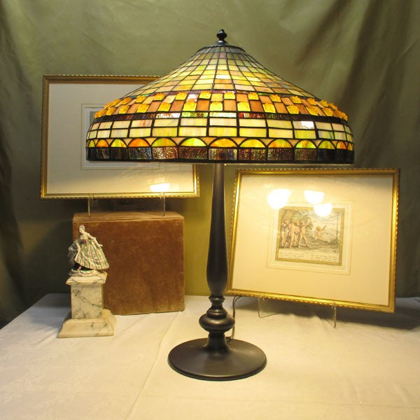 Arts & Crafts Stained Leaded Slag Glass Lamp with Jewels
