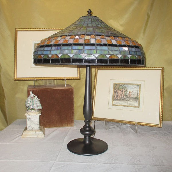 Arts & Crafts Stained Leaded Slag Glass Lamp with Jewels