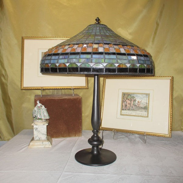 Arts & Crafts Stained Leaded Slag Glass Lamp with Jewels