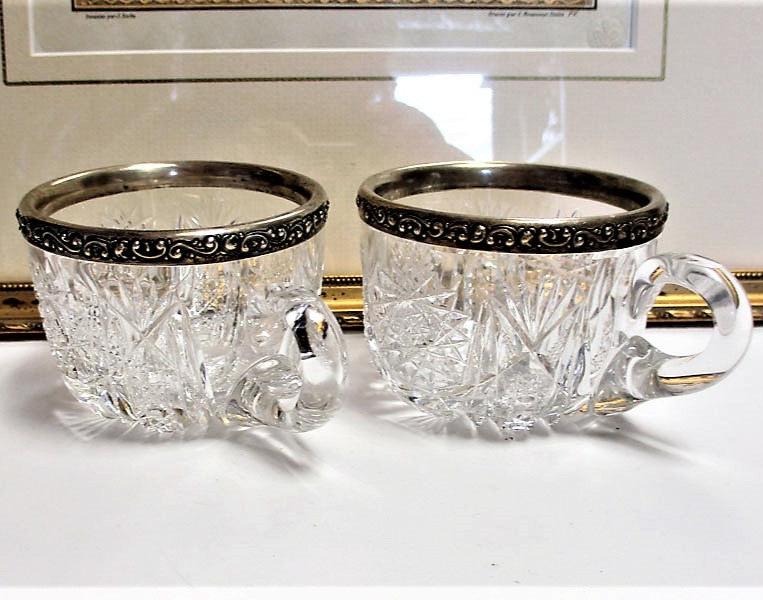 Rare Pair Monarch by J.Hoare and Gorham Sterling Silver and Brilliant Period Cut Glass Punch Cups