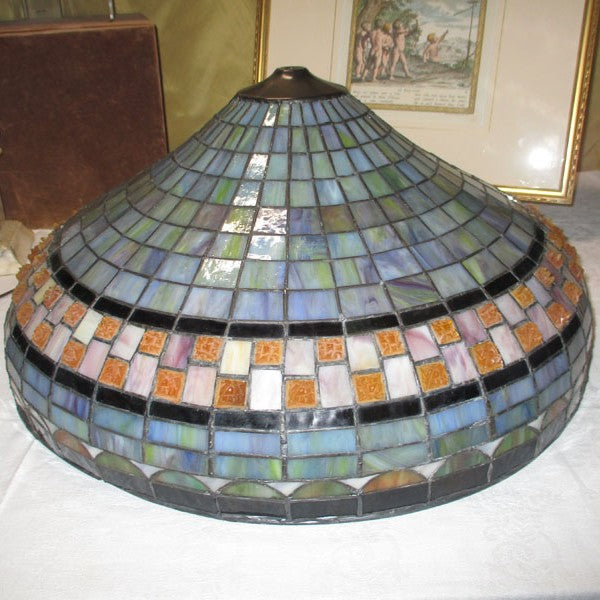 Arts & Crafts Stained Leaded Slag Glass Lamp with Jewels