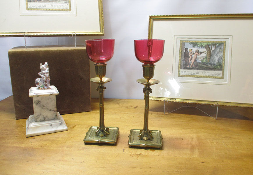 Antique Bronze and Cranberry Glass Pair Candlesticks Edwardian period.