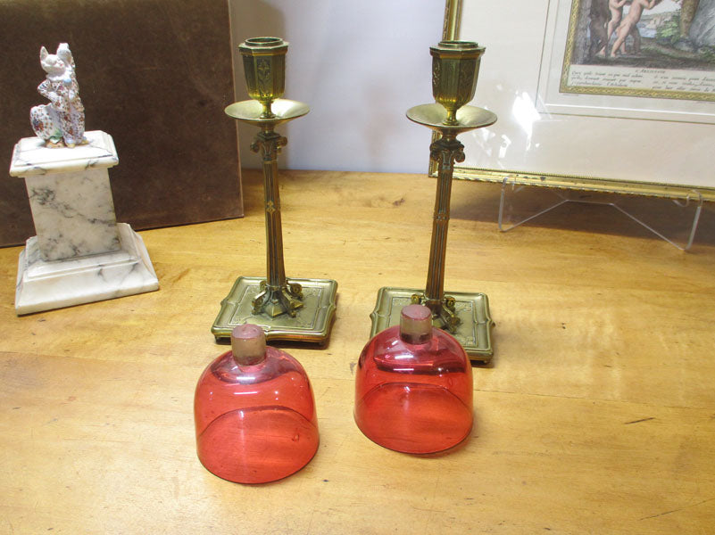Antique Bronze and Cranberry Glass Pair Candlesticks Edwardian