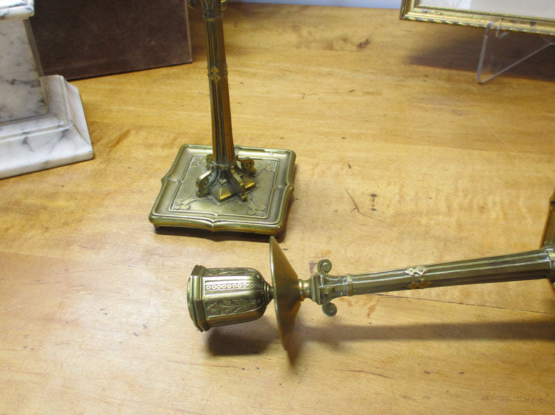 Antique Bronze and Cranberry Glass Pair Candlesticks Edwardian