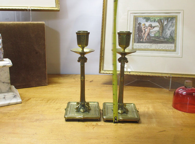 Antique Bronze and Cranberry Glass Pair Candlesticks Edwardian