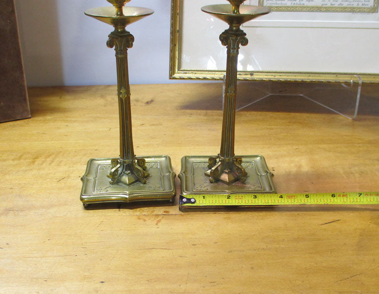 Antique Bronze and Cranberry Glass Pair Candlesticks Edwardian