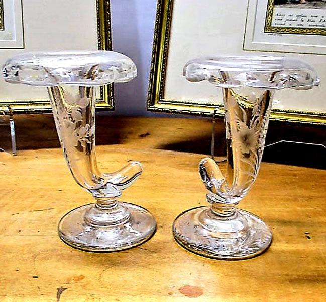 Engraved Glass Cornucopia Epergnes Pair 19th Century