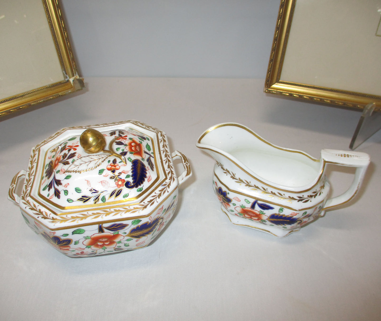Antique Spode 3373 Early 1800's Imari Octagonal Sugar Bowl and Creamer