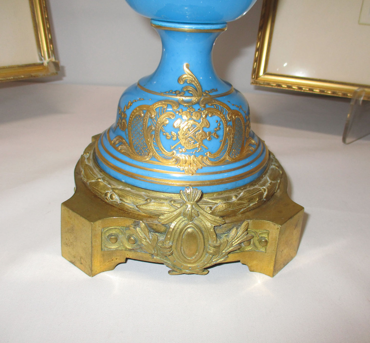 Sevres Bronze and Baccarat Blue Opaline Glass Torchiere Lamp