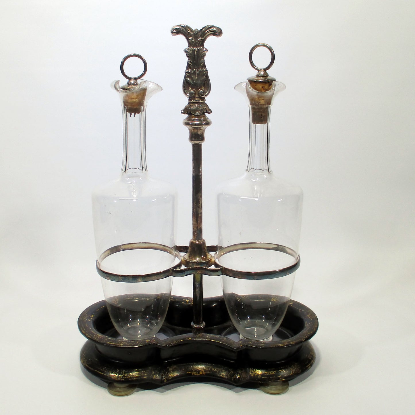 Victorian Tantalus Decanter Set Papier Mache Holder