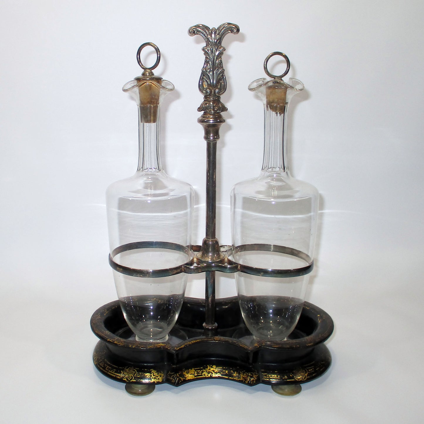 Victorian Tantalus Decanter Set Papier Mache Holder