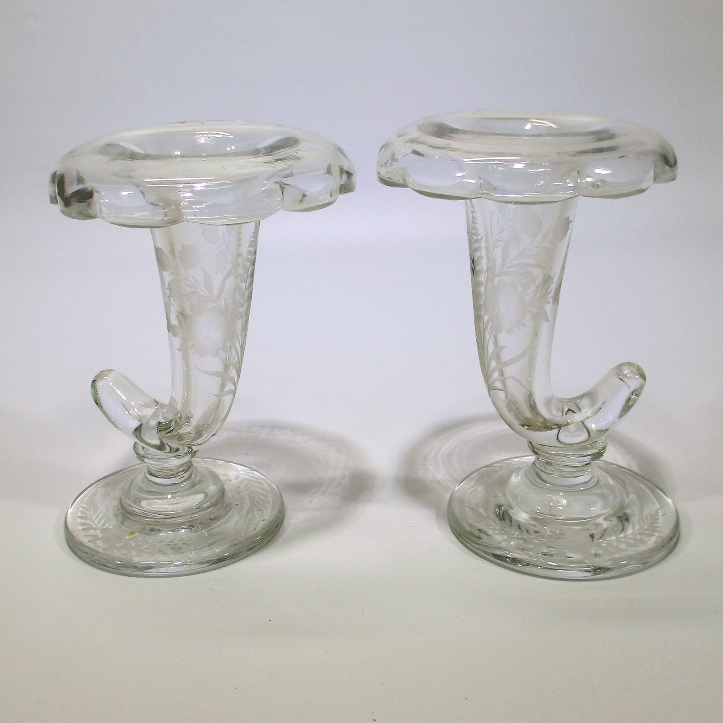 Engraved Glass Cornucopia Epergnes Pair 19th Century