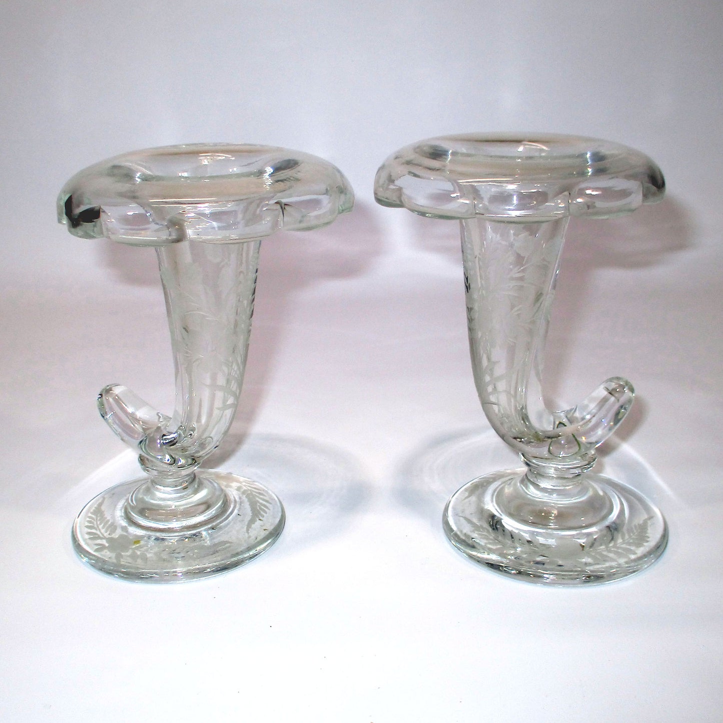 Engraved Glass Cornucopia Epergnes Pair 19th Century