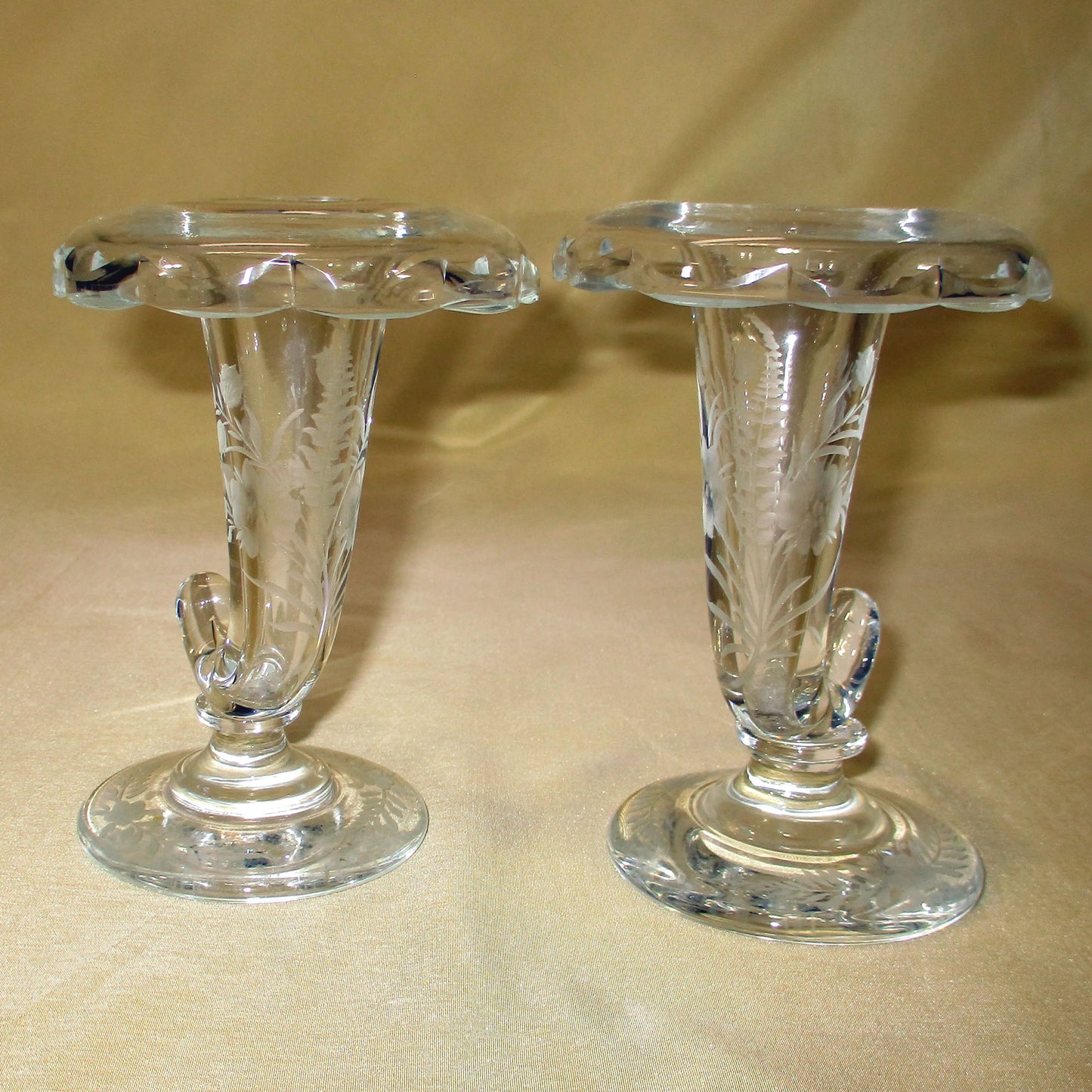 Engraved Glass Cornucopia Epergnes Pair 19th Century