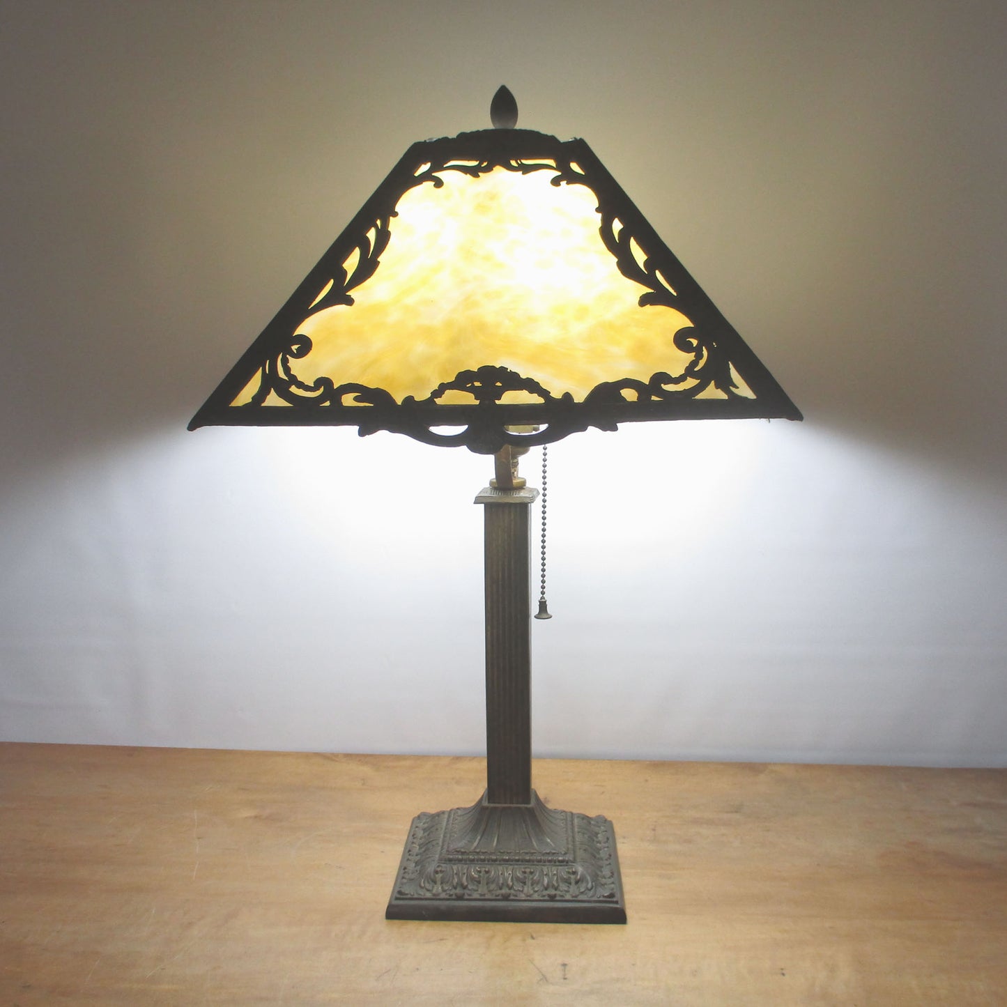 Antique Slag Glass Panel Lamp Signed Salem Brothers