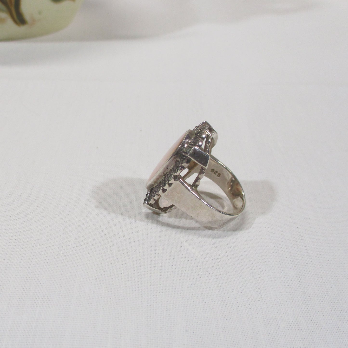 Art Deco Sterling Silver, Marcasite and Mother of Pearl Signet Ring Size 6 3/4