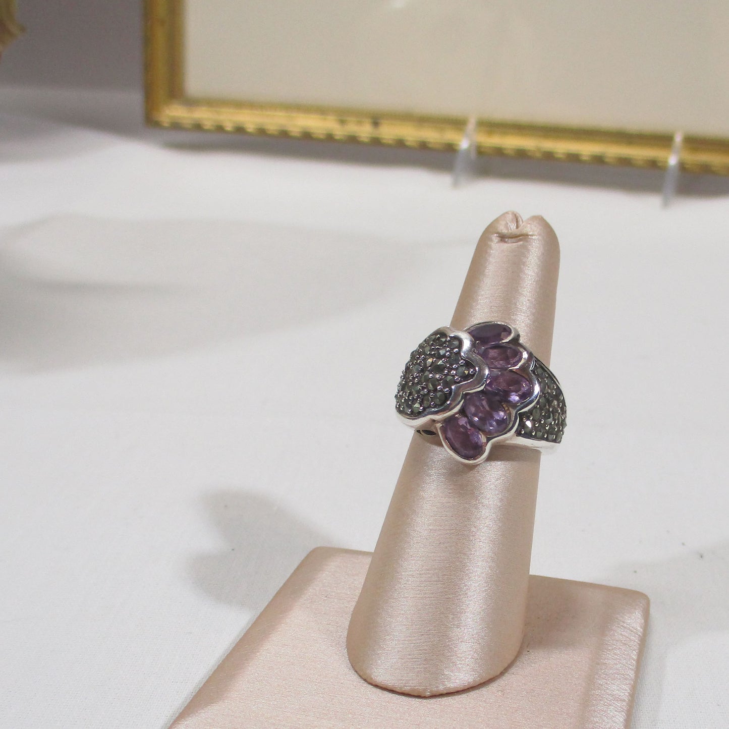 Gr 155 Art Deco Sterling Silver, Marcasite and Amethyst Signet Ring Size 7