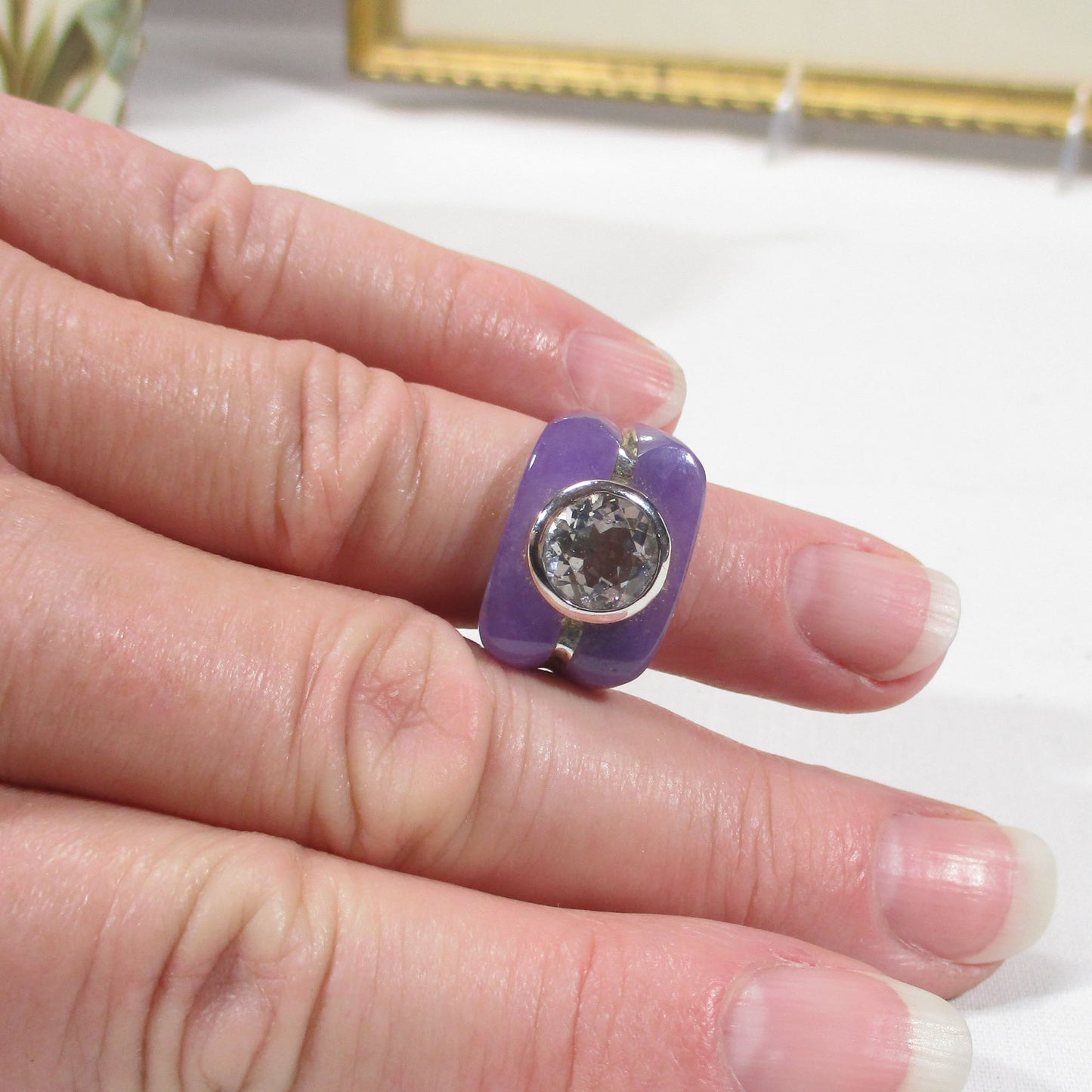 Gr 155 Art Deco Sterling Silver, Purple Jade Signet Ring Size 7