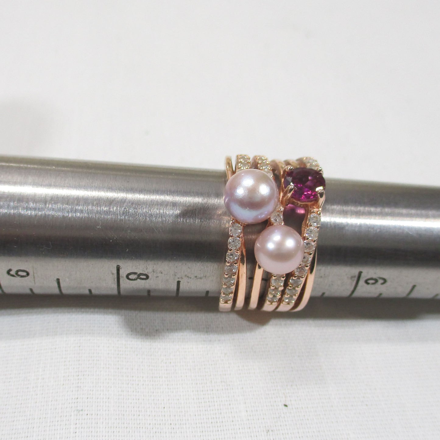 Gr 155 Rose-Gold Vermeil Sterling Silver, Pearl, Cubic Zirconia and Garnet Statement Ring