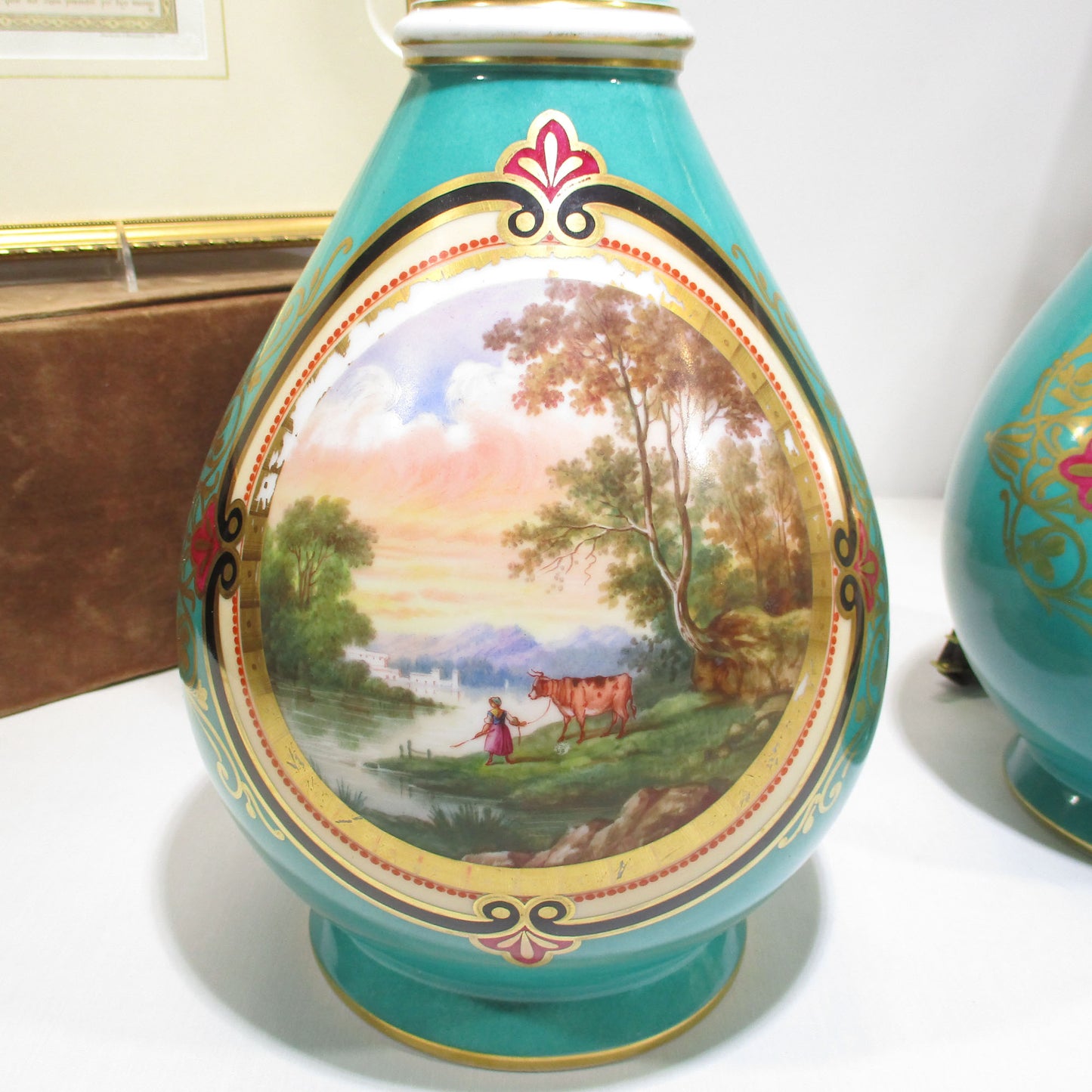 Old Paris Scenic Pastoral Lamp and Matching Vase 19th Century