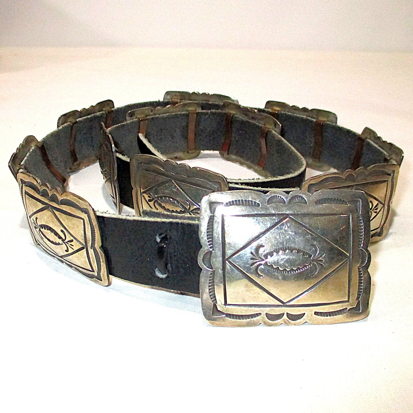 Signed Sioux Winston Mason Hand Stamped Silver Concho Belt 41" Length