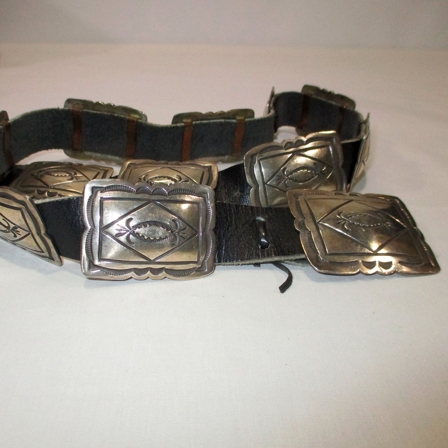 Signed Sioux Winston Mason Hand Stamped Silver Concho Belt 41" Length