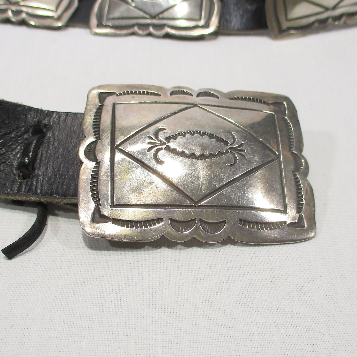 Signed Sioux Winston Mason Hand Stamped Silver Concho Belt 41" Length