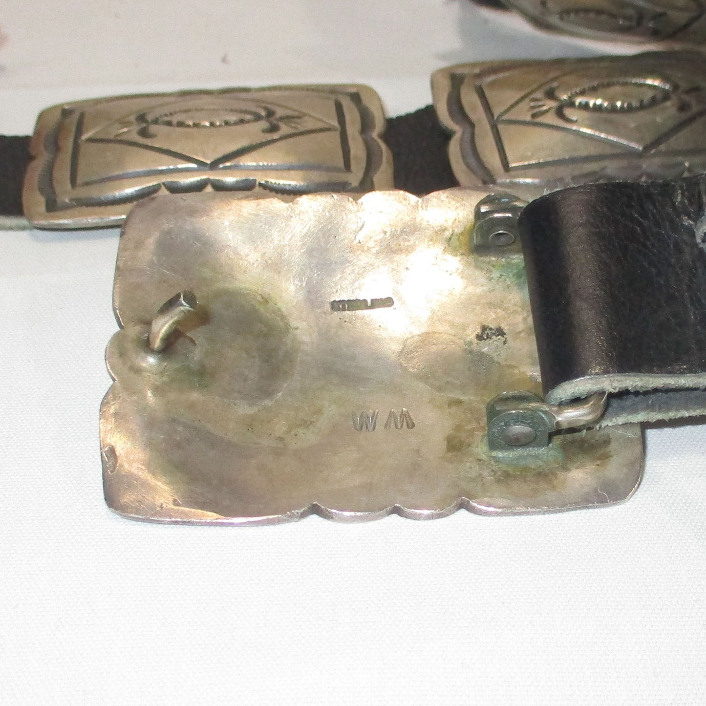 Signed Sioux Winston Mason Hand Stamped Silver Concho Belt 41" Length