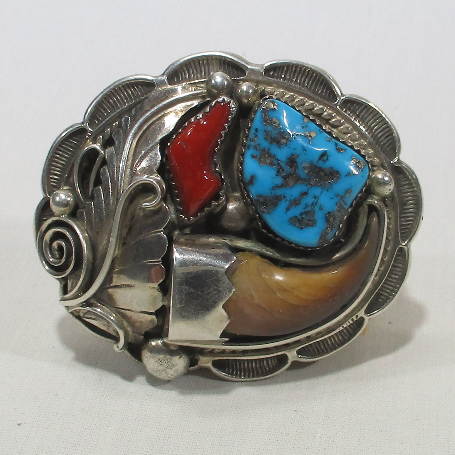 Signed Navajo Mark Apachito Hand Stamped Silver Concho Buckle Bisbee Turquoise