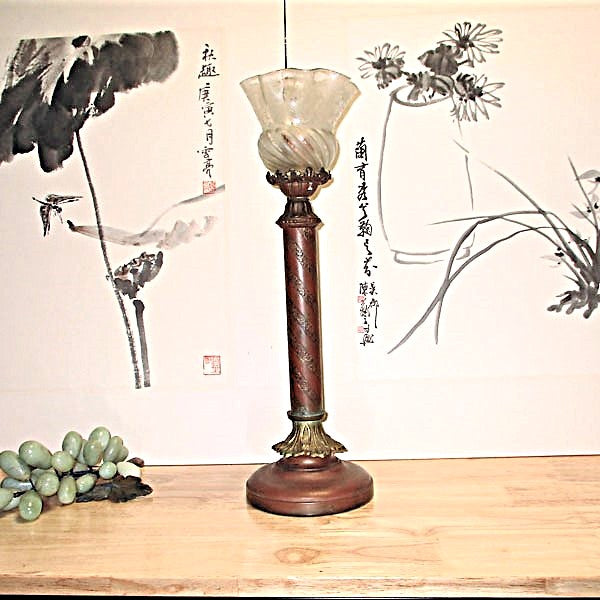 Victorian Bronze and Acid Etched Swirl Art Glass Torchiere Lamp
