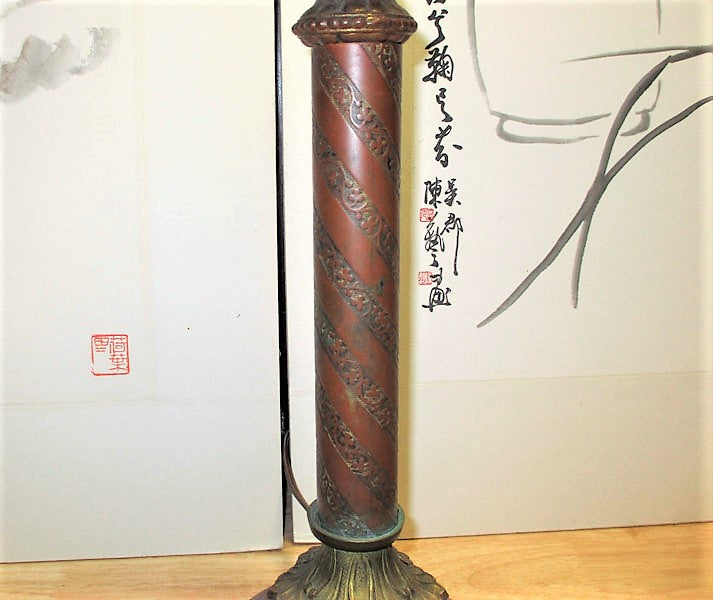 Victorian Bronze and Acid Etched Swirl Art Glass Torchiere Lamp
