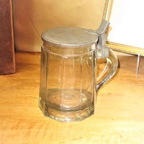 Antique 19th Century Blown Molded Stein or Tankard with Pewter Lid